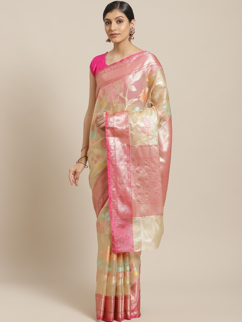 

BANARASI SILK WORKS Golden & Pink Woven Design Banarasi Saree, Gold