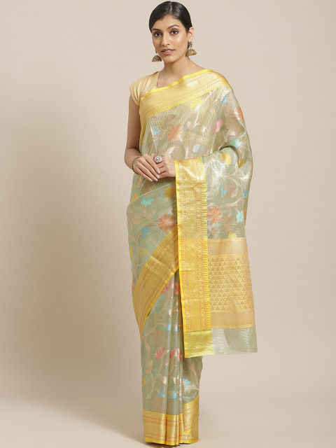 

BANARASI SILK WORKS Green & Golden Woven Design Banarasi Saree