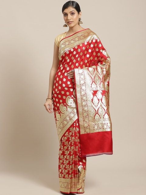 

BANARASI SILK WORKS Red & Golden Silk Woven Design Banarasi Saree