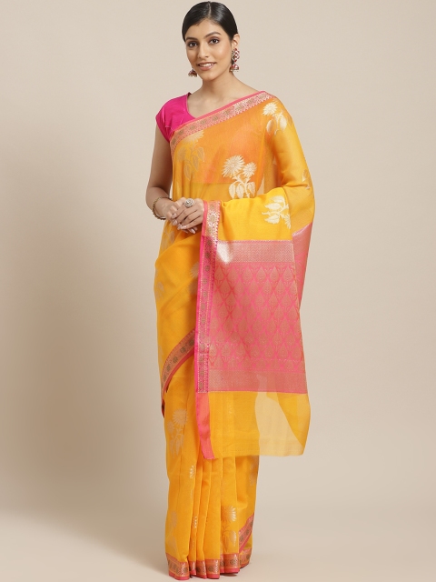 

BANARASI SILK WORKS Yellow & Pink Woven Design Banarasi Saree