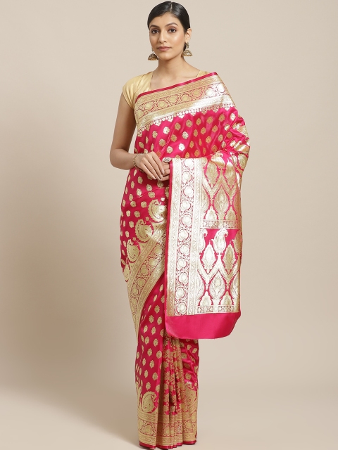 

BANARASI SILK WORKS Pink & Golden Silk Woven Design Banarasi Saree