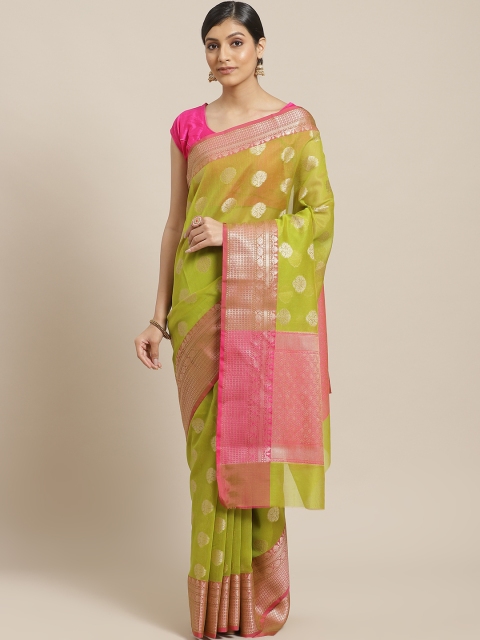 

BANARASI SILK WORKS Green & Pink Woven Design Banarasi Saree