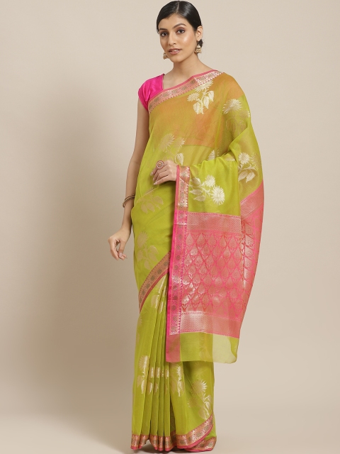 

BANARASI SILK WORKS Green & Pink Woven Design Banarasi Saree