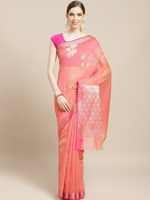 

BANARASI SILK WORKS Pink & Golden Zari Woven Design Banarasi Saree