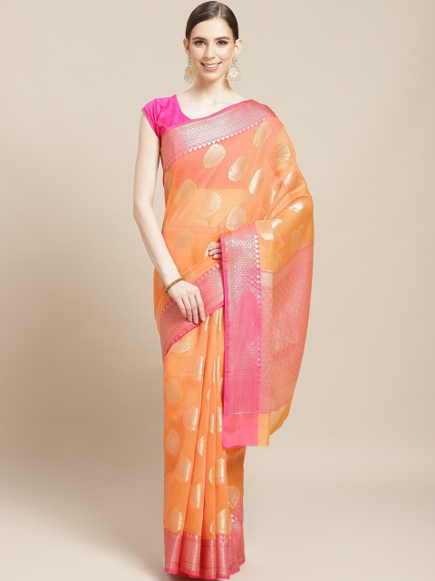 

BANARASI SILK WORKS Orange & Golden Zari Woven Design Banarasi Saree