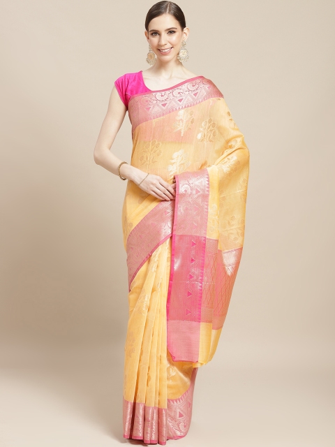 

BANARASI SILK WORKS Yellow & Golden Zari Woven Design Banarasi Saree