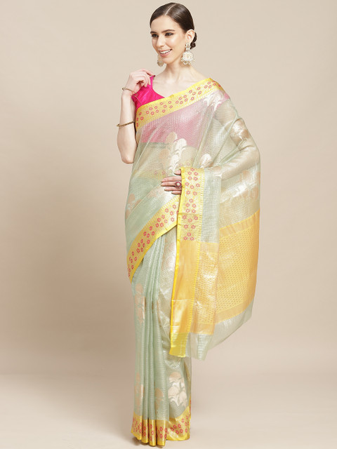 

BANARASI SILK WORKS Sea Green & Yellow Woven Design Kota Saree