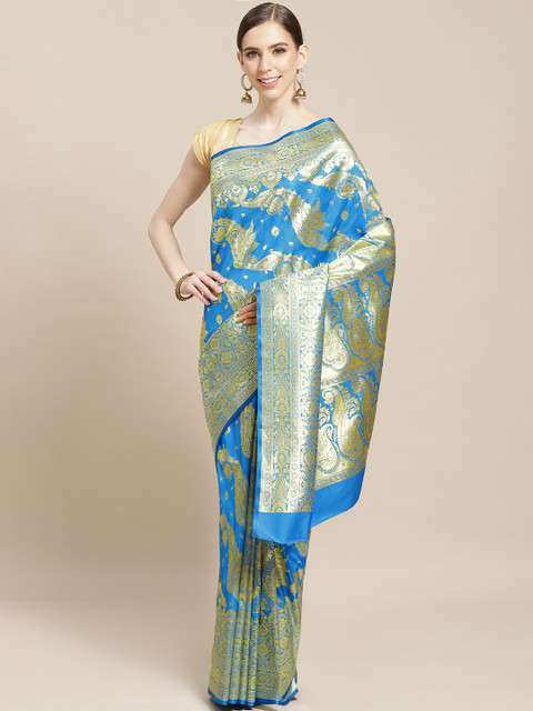 

BANARASI SILK WORKS Blue & Golden Silk Woven Design Banarasi Saree