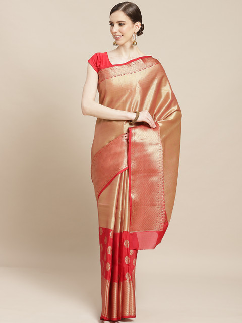 

BANARASI SILK WORKS Golden & Red Brocade Woven Design Tanchoi Banarasi Saree, Gold