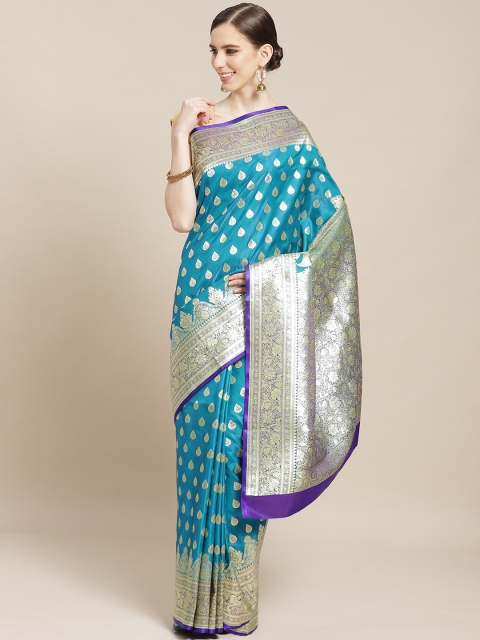 

BANARASI SILK WORKS Blue & Golden Silk Woven Design Banarasi Saree