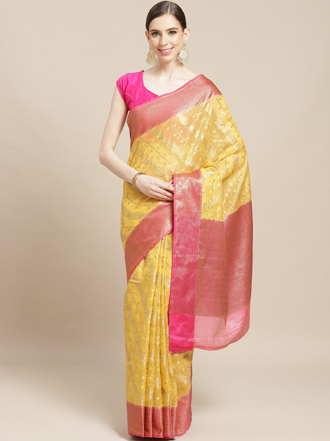 

BANARASI SILK WORKS Yellow & Golden Jacquard Motif Banarasi Saree