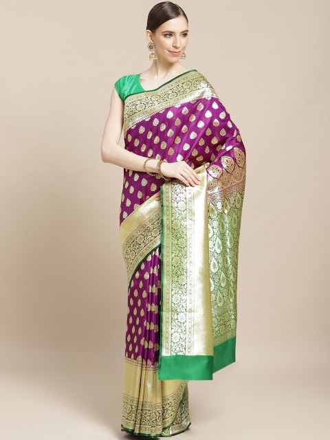 

BANARASI SILK WORKS Purple & Golden Silk Woven Design Banarasi Saree