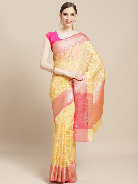 

BANARASI SILK WORKS Cream-Coloured & Golden Woven Design Patola Saree