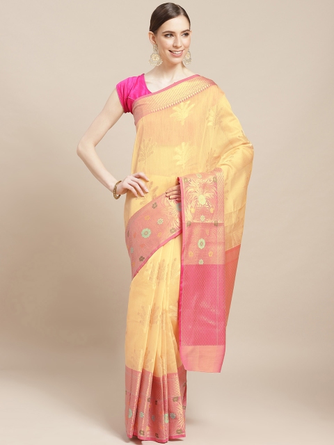 

BANARASI SILK WORKS Cream-Coloured & Pink Zari Woven Design Banarasi Saree