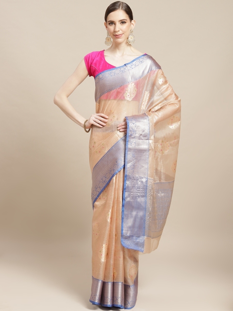 

BANARASI SILK WORKS Peach-Coloured & Blue Zari Woven Design Banarasi Saree