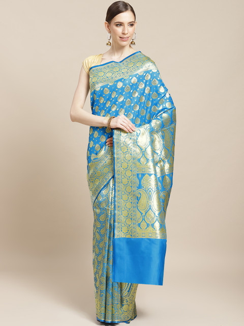 

BANARASI SILK WORKS Blue & Golden Pure Silk Zari Woven Design Banarasi Saree