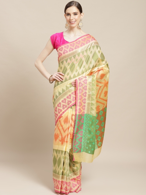 

BANARASI SILK WORKS Beige & Green Woven Design Maheshwari Ikat Saree