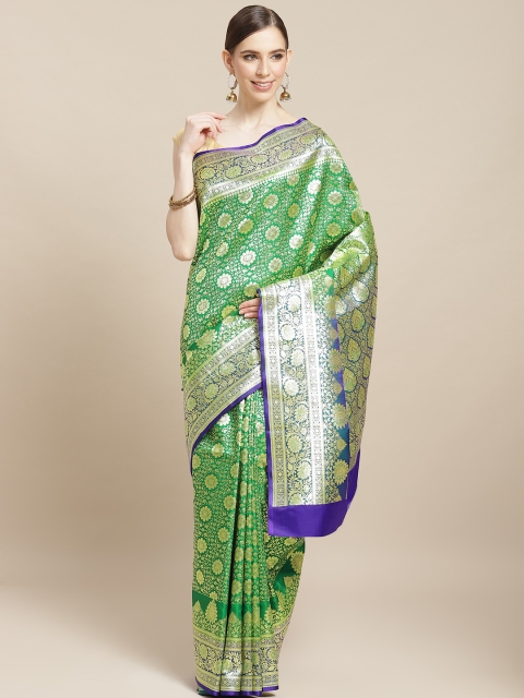

BANARASI SILK WORKS Green & Golden Pure Silk Zari Woven Design Banarasi Saree