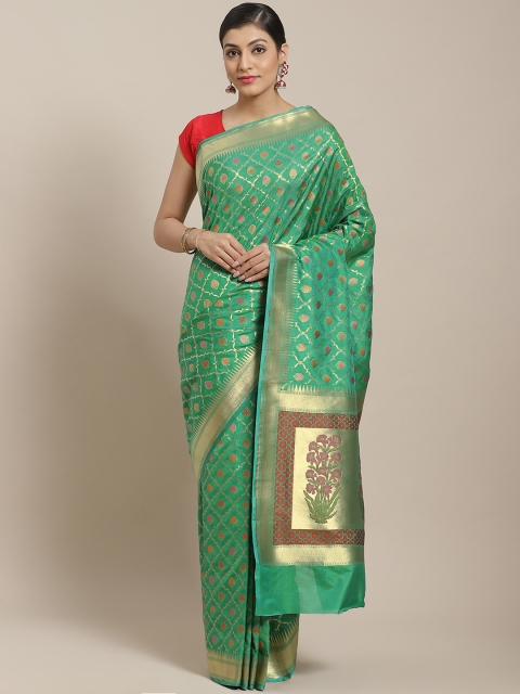 

BANARASI SILK WORKS Green & Golden Pure Silk Paithani Brocade Banarasi Saree
