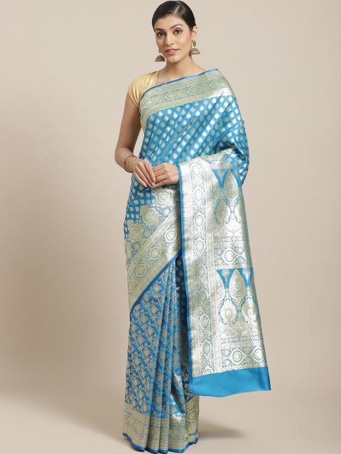 

BANARASI SILK WORKS Blue & Silver Satin Silk Ethnic Zari Brocade Banarasi Saree