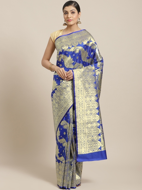 

BANARASI SILK WORKS Blue & Golden Satin Silk Ethnic Zari Brocade Banarasi Saree