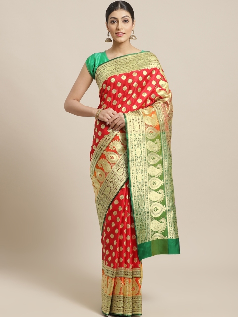 

BANARASI SILK WORKS Red & Golden Satin Silk Ethnic Zari Brocade Banarasi Saree
