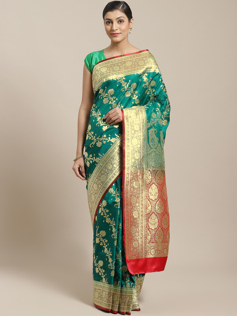 

BANARASI SILK WORKS Teal Blue & Golden Satin Silk Ethnic Zari Brocade Banarasi Saree