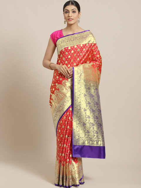 

BANARASI SILK WORKS Coral Red & Golden Satin Silk Ethnic Zari Brocade Banarasi Saree
