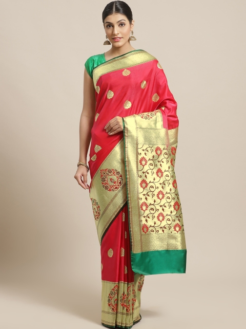 

BANARASI SILK WORKS Red & Golden Satin Silk Ethnic Zari Brocade Banarasi Saree