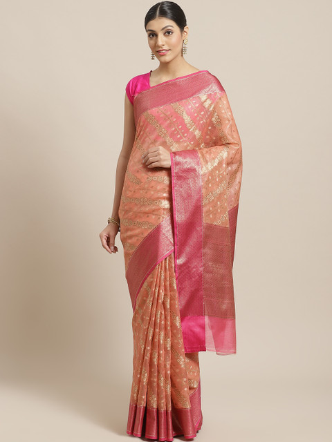 

BANARASI SILK WORKS Peach-Coloured & Golden Zari Woven Ethnic Stripes Banarasi Saree