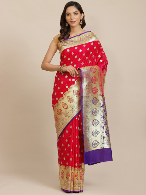 

BANARASI SILK WORKS Magenta & Golden Satin Silk Ethnic Zari Brocade Banarasi Saree