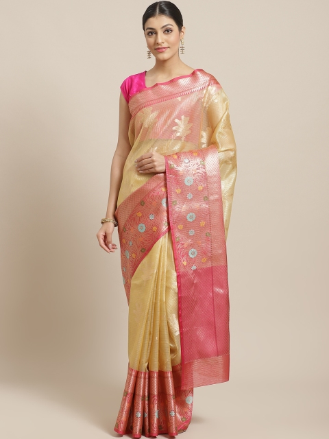 

BANARASI SILK WORKS Beige & Pink Ethnic Zari Woven Design Patola Saree