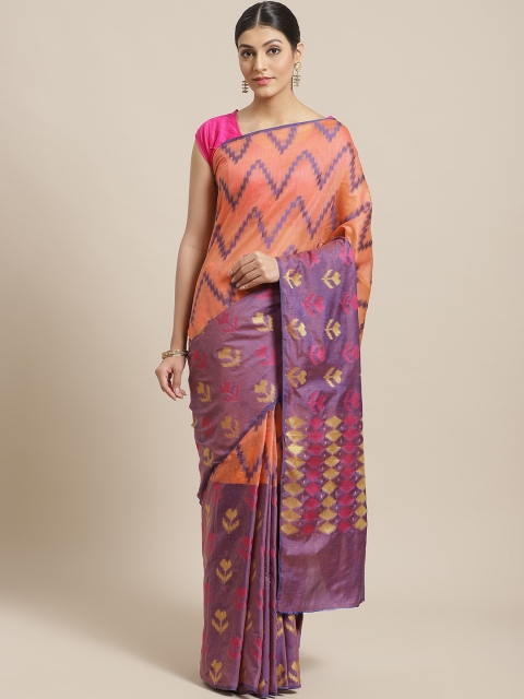 

BANARASI SILK WORKS Peach-Coloured & Purple Ethnic Zari Woven Design Banarasi Saree