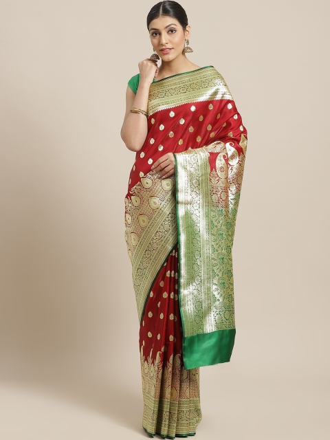

BANARASI SILK WORKS Maroon & Golden Satin Silk Ethnic Zari Brocade Banarasi Saree