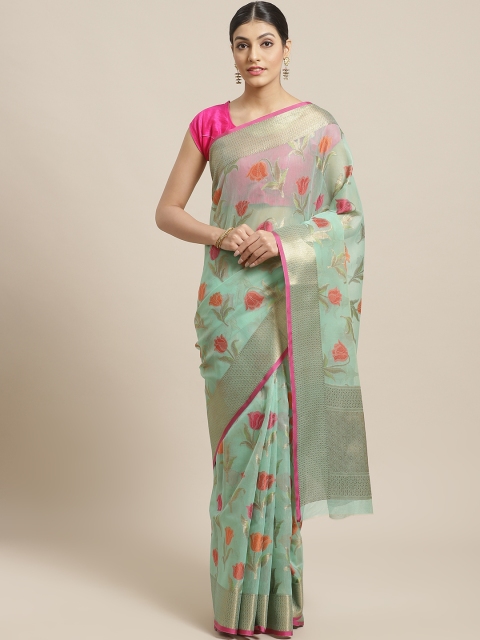 

BANARASI SILK WORKS Green & Pink Floral Zari Woven Design Banarasi Saree