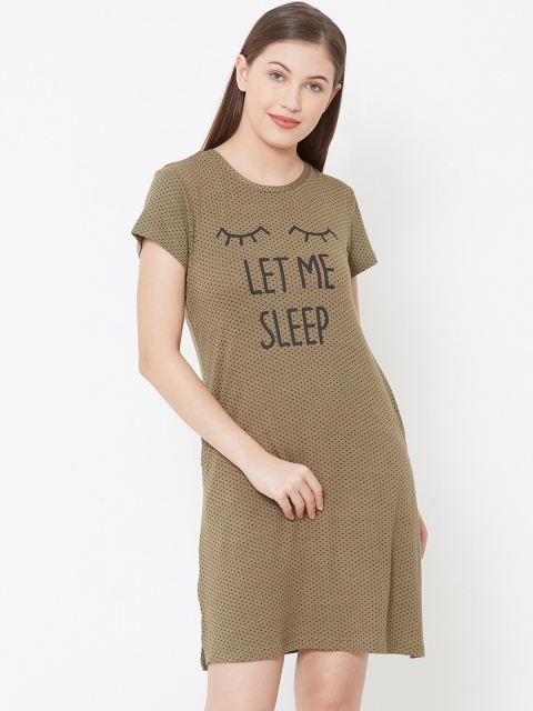 

Sweet Dreams Women Olive Brown Printed Sleep Shirt