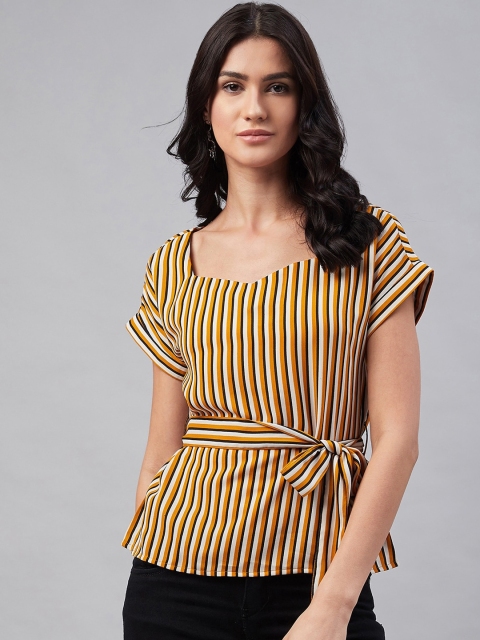 

Carlton London Women Mustard Yellow & White Striped Cinched Waist Top
