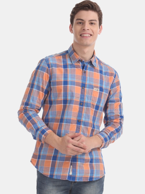 

U.S. Polo Assn. Men Orange & Blue Slim Fit Checked Casual Shirt