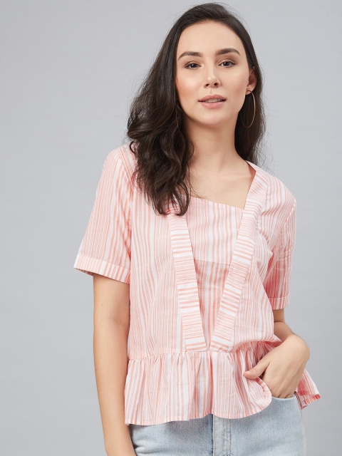 

Carlton London Women Off-White & Pink Striped Peplum Top