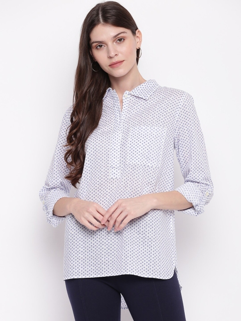 

Mayra Women White & Blue Printed Shirt Style Top