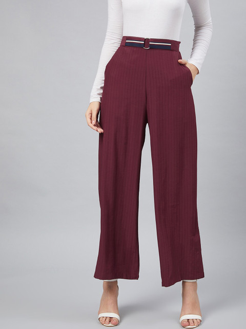 

Carlton London Women Maroon Flared Solid Parallel Trousers