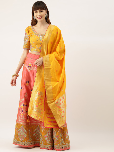 

Kvsfab Pink & Gold-Toned Embroidered Semi-Stitched Lehenga & Unstitched Blouse with Dupatta