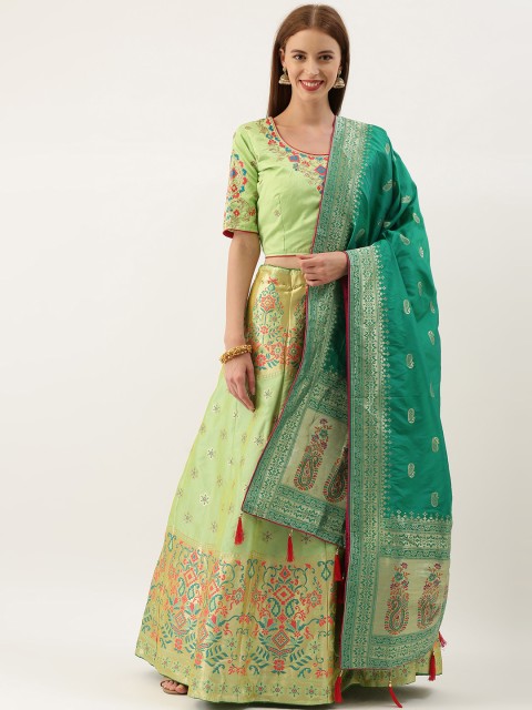 

Kvsfab Green & Gold-Toned Embroidered Semi-Stitched Lehenga & Unstitched Blouse with Dupatta