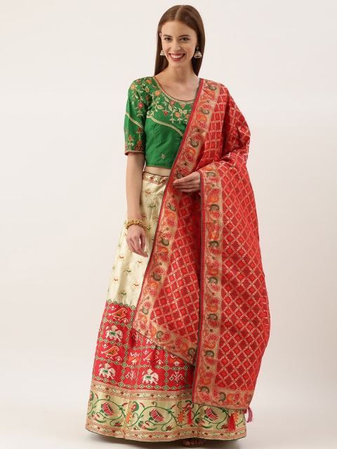 

Kvsfab White & Red Embroidered Semi-Stitched Lehenga & Unstitched Blouse with Dupatta