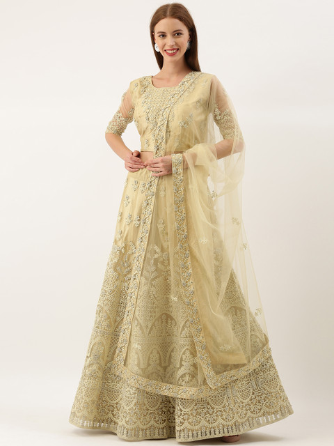 

Kvsfab Beige Embroidered Semi-Stitched Lehenga & Unstitched Blouse with Dupatta