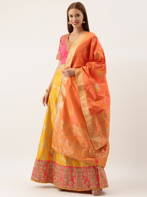 

Kvsfab Mustard Yellow Embroidered Semi-Stitched Lehenga & Unstitched Blouse with Dupatta