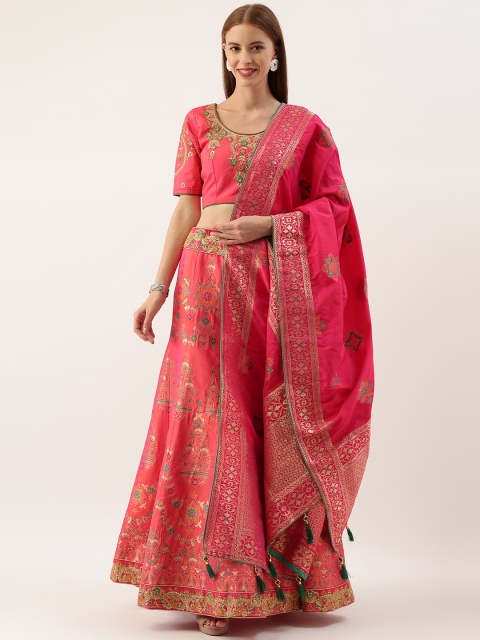 

Kvsfab Pink & Gold-Toned Embroidered Semi-Stitched Lehenga & Unstitched Blouse with Dupatta