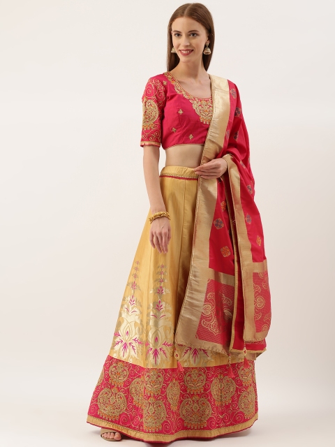 

Kvsfab Pink & Beige Embroidered Semi-Stitched Lehenga & Unstitched Blouse with Dupatta