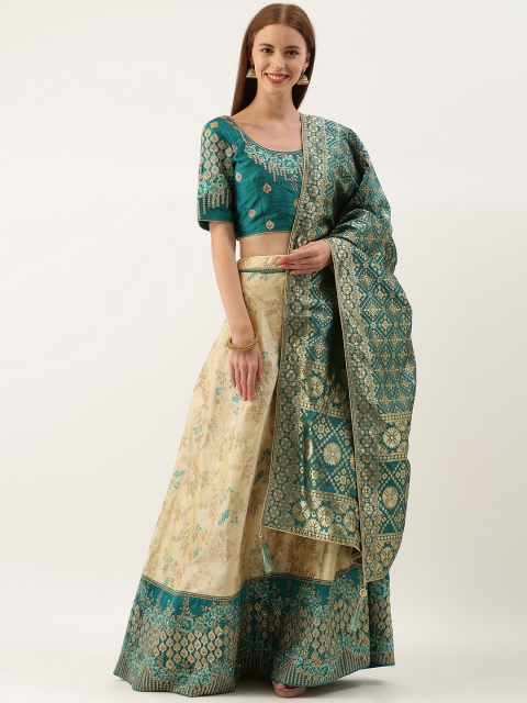 

Kvsfab Teal Green & Beige Embroidery Semi-Stitch Lehenga & Unstitched Blouse with Dupatta
