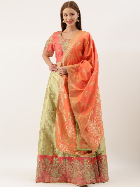 

Kvsfab Pink & Olive Green Embroidered Semi-Stitched Lehenga & Unstitched Blouse with Dupatta